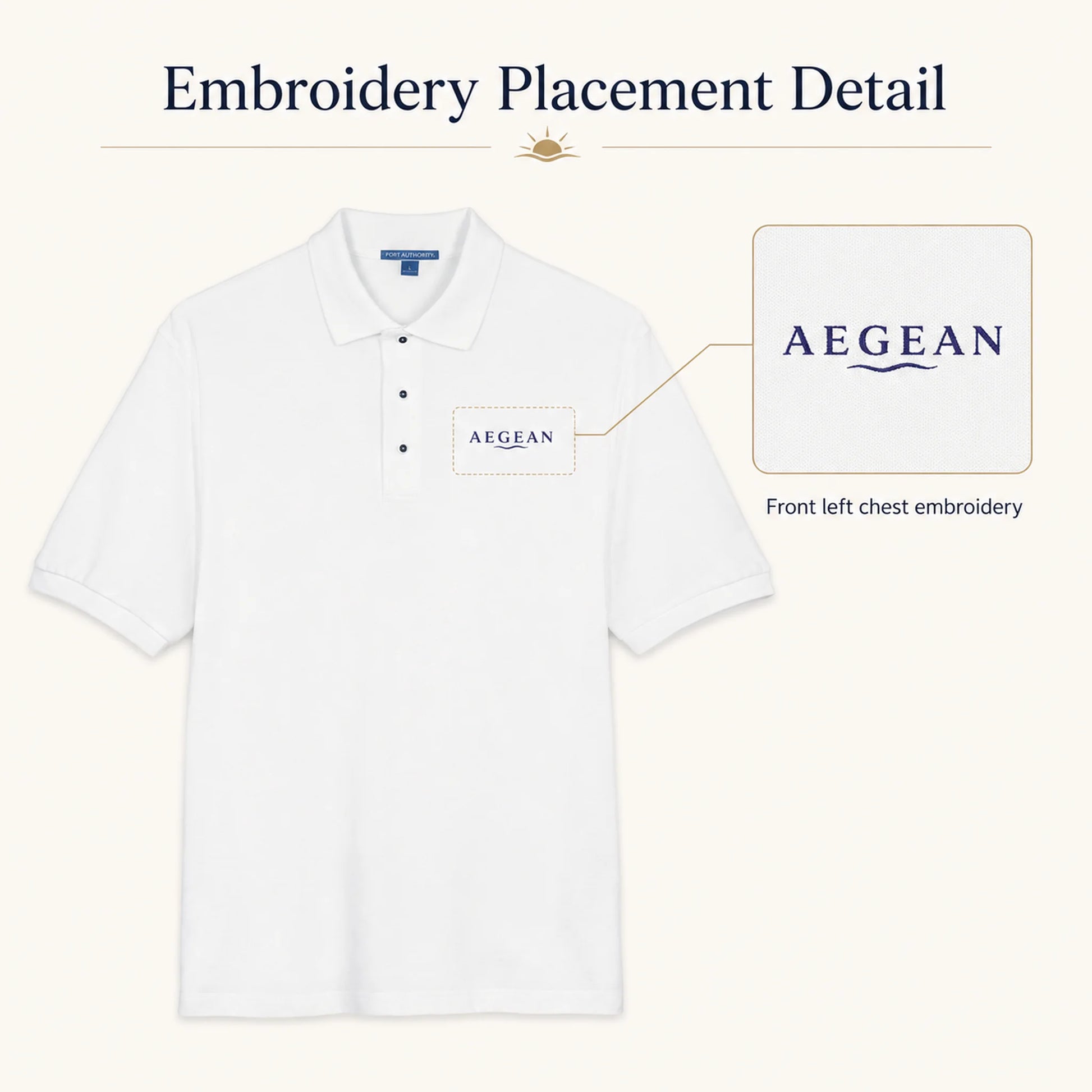 White polo shirt shown on a light beige background with the text 'Embroidery Placement Detail' and an inset callout highlighting the front left chest embroidery reading 'AEGEAN'.