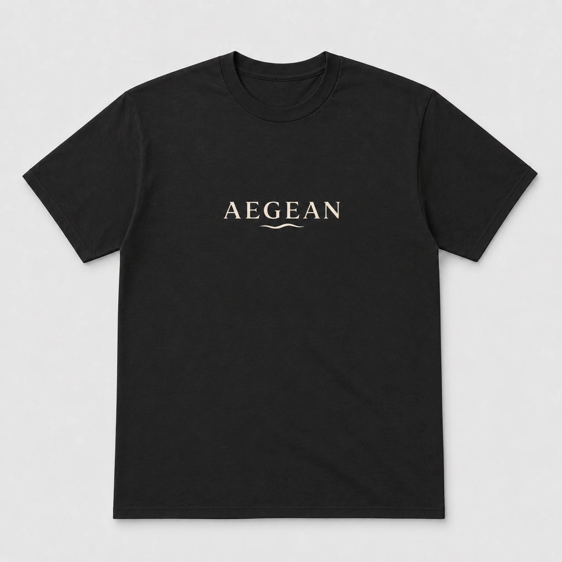 A black short-sleeve crewneck t-shirt with the word 'AEGEAN' printed in a light beige serif font across the chest, accompanied by a small wave graphic underneath, shown on a light gray background.