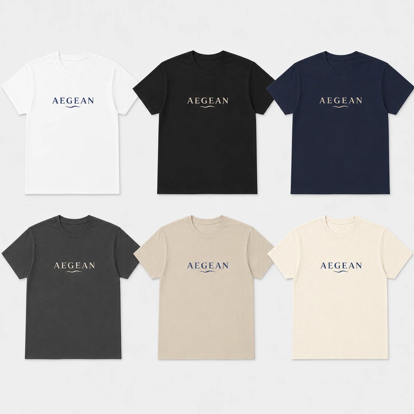 Six short-sleeve crewneck t-shirts arranged in a 2x3 grid on a light gray background, showing the color options: white, black, navy, dark gray, beige, and cream. Each shirt features the brand name 'AEGEAN' printed across the chest in a contrasting color.