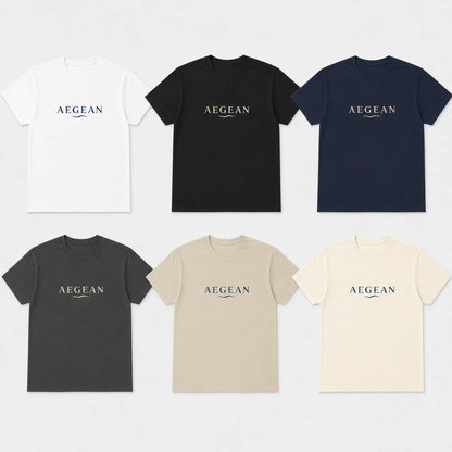 Six short-sleeve crewneck t-shirts arranged in a 2x3 grid on a light gray background, showing the color options: white, black, navy, dark gray, beige, and cream. Each shirt features the brand name 'AEGEAN' printed across the chest in a contrasting color.