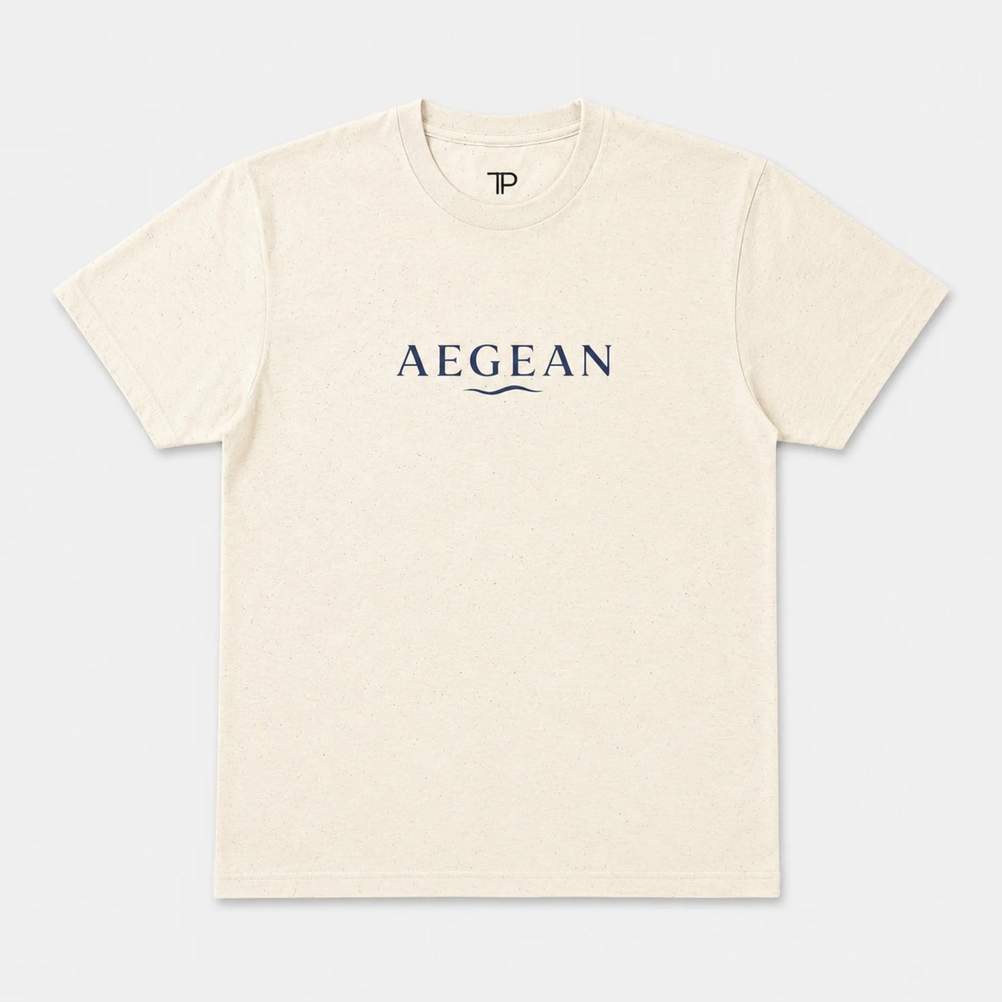 A natural crewneck t-shirt with 'AEGEAN' printed in navy blue across the chest, displayed flat against a light gray background.