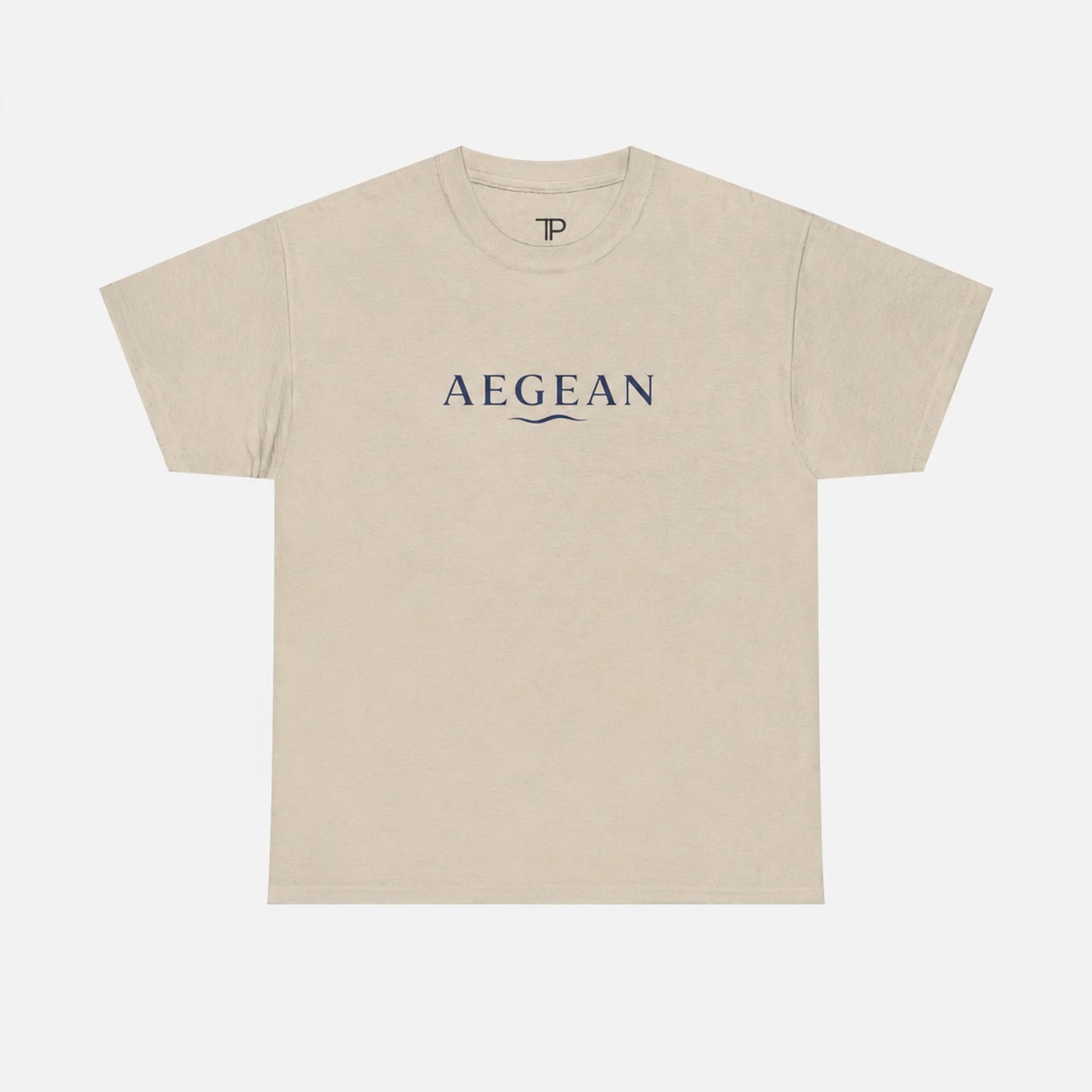 A sand crewneck t-shirt with 'AEGEAN' printed in navy blue across the chest, displayed flat against a light gray background.