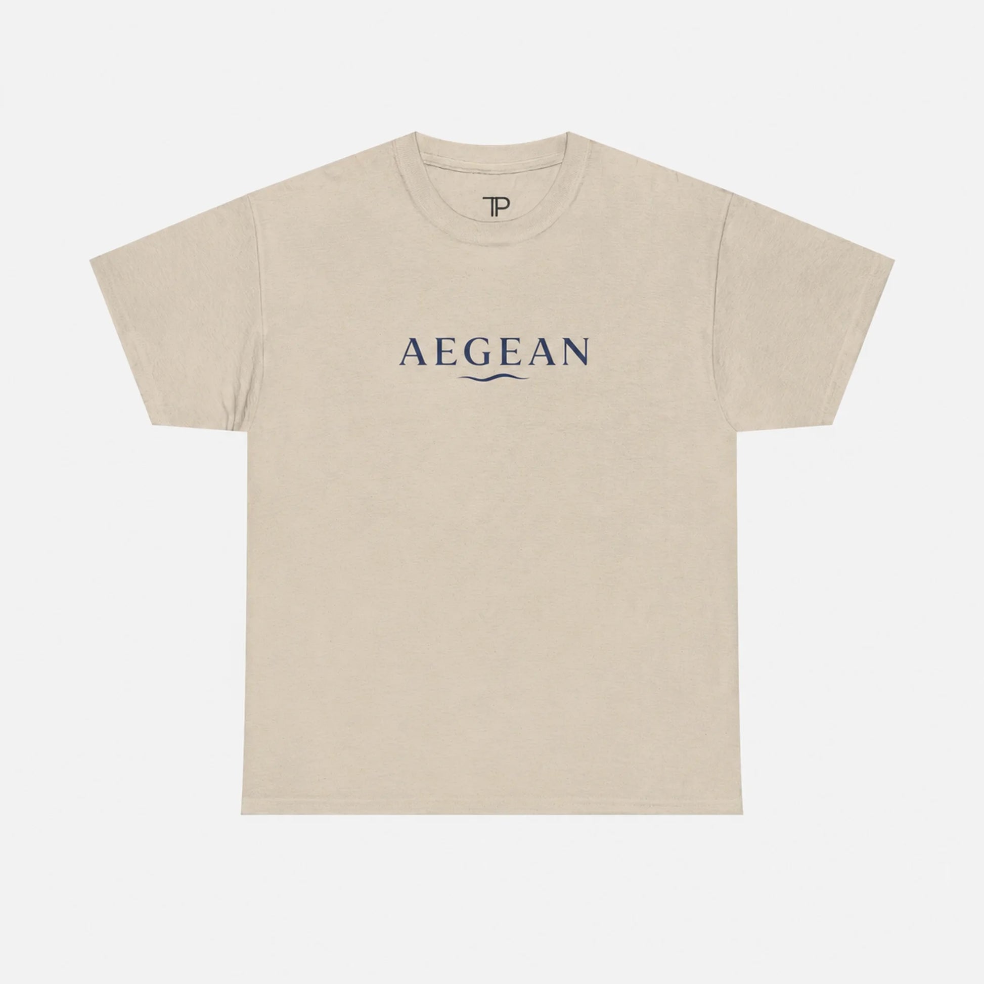 A sand crewneck t-shirt with 'AEGEAN' printed in navy blue across the chest, displayed flat against a light gray background.