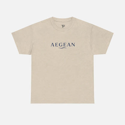 A sand crewneck t-shirt with 'AEGEAN' printed in navy blue across the chest, displayed flat against a light gray background.