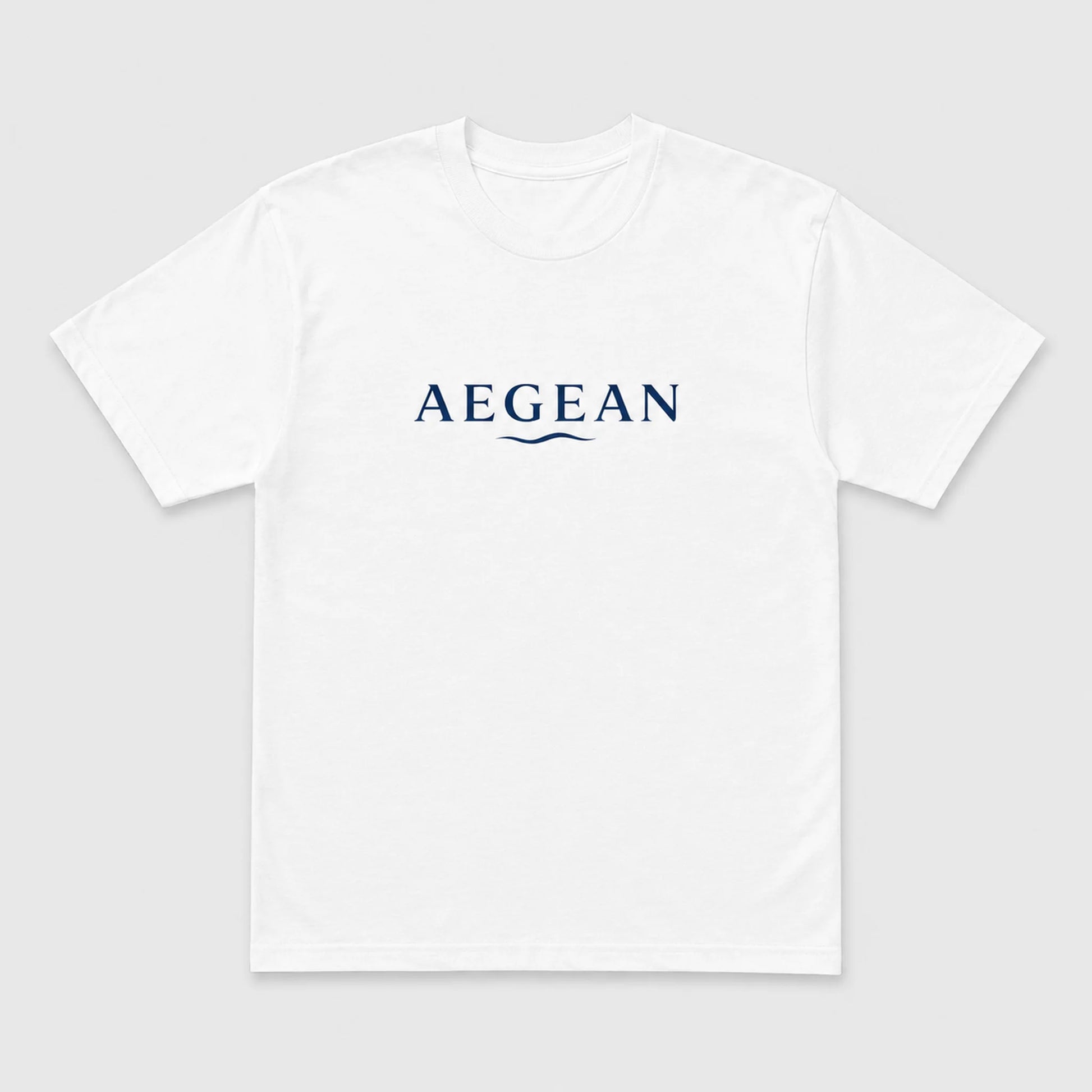 A white short-sleeve crewneck t-shirt with the word 'AEGEAN' printed in navy blue across the chest, accompanied by a small wave graphic underneath, shown on a light gray background.