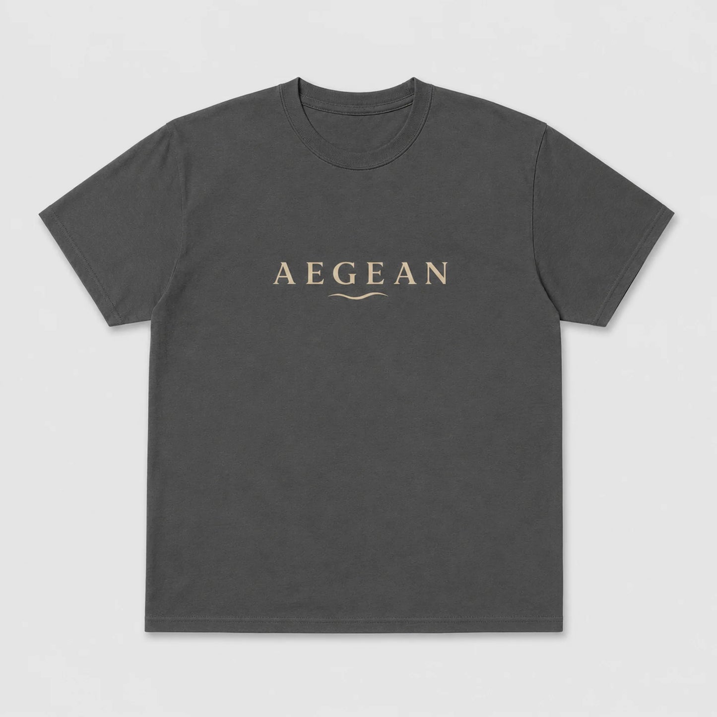 A charcoal crewneck t-shirt with the word 'AEGEAN' printed in a light beige serif font across the chest, accompanied by a small wave graphic underneath, shown on a light gray background.