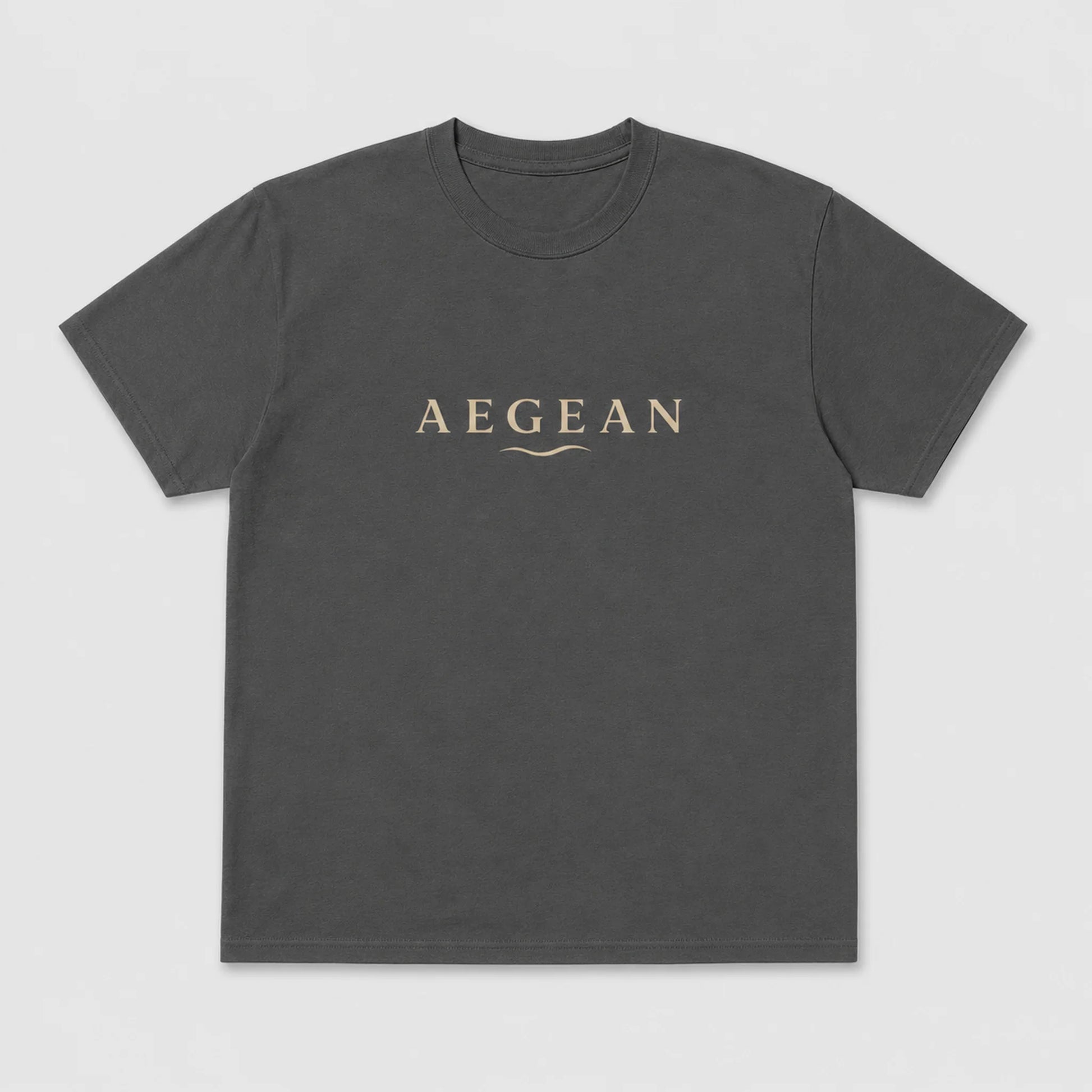 A charcoal crewneck t-shirt with the word 'AEGEAN' printed in a light beige serif font across the chest, accompanied by a small wave graphic underneath, shown on a light gray background.