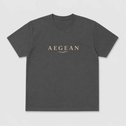 A charcoal crewneck t-shirt with the word 'AEGEAN' printed in a light beige serif font across the chest, accompanied by a small wave graphic underneath, shown on a light gray background.