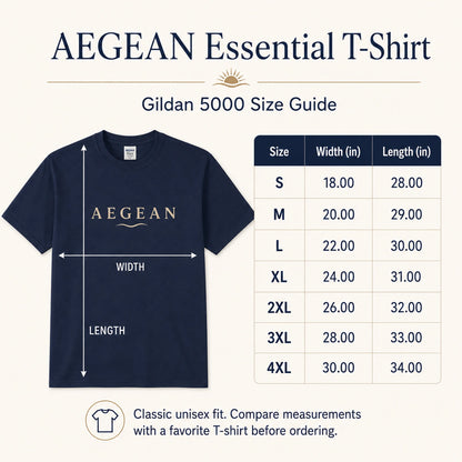 A size guide graphic for the AEGEAN Essential T-Shirt in Gildan 5000. It features a navy blue t-shirt with the brand name printed in gold on the chest, with arrows indicating width and length measurements.