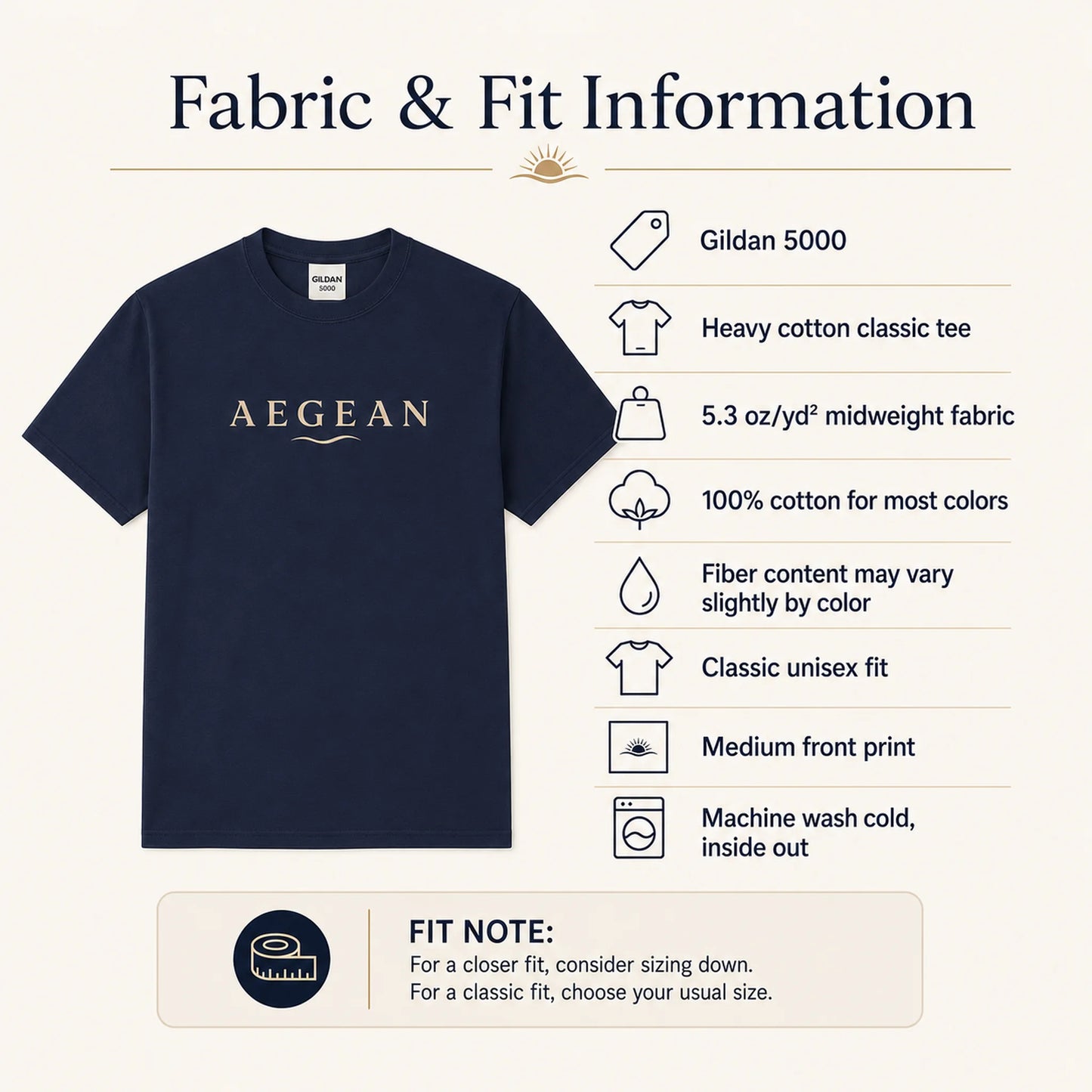 A navy blue short-sleeve t-shirt with 'AEGEAN' printed in beige across the chest, shown alongside fabric and fit information text on a light beige background.
