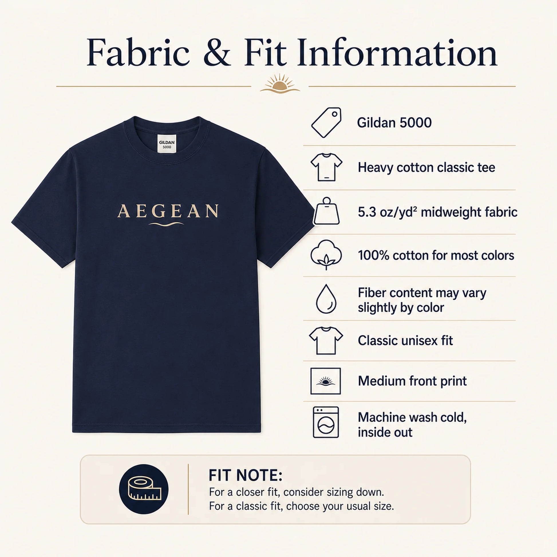 A navy blue short-sleeve t-shirt with 'AEGEAN' printed in beige across the chest, shown alongside fabric and fit information text on a light beige background.