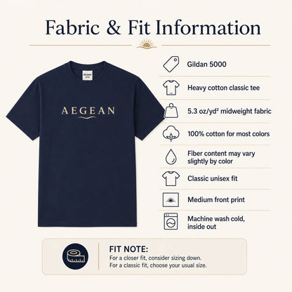 A navy blue short-sleeve t-shirt with 'AEGEAN' printed in beige across the chest, shown alongside fabric and fit information text on a light beige background.