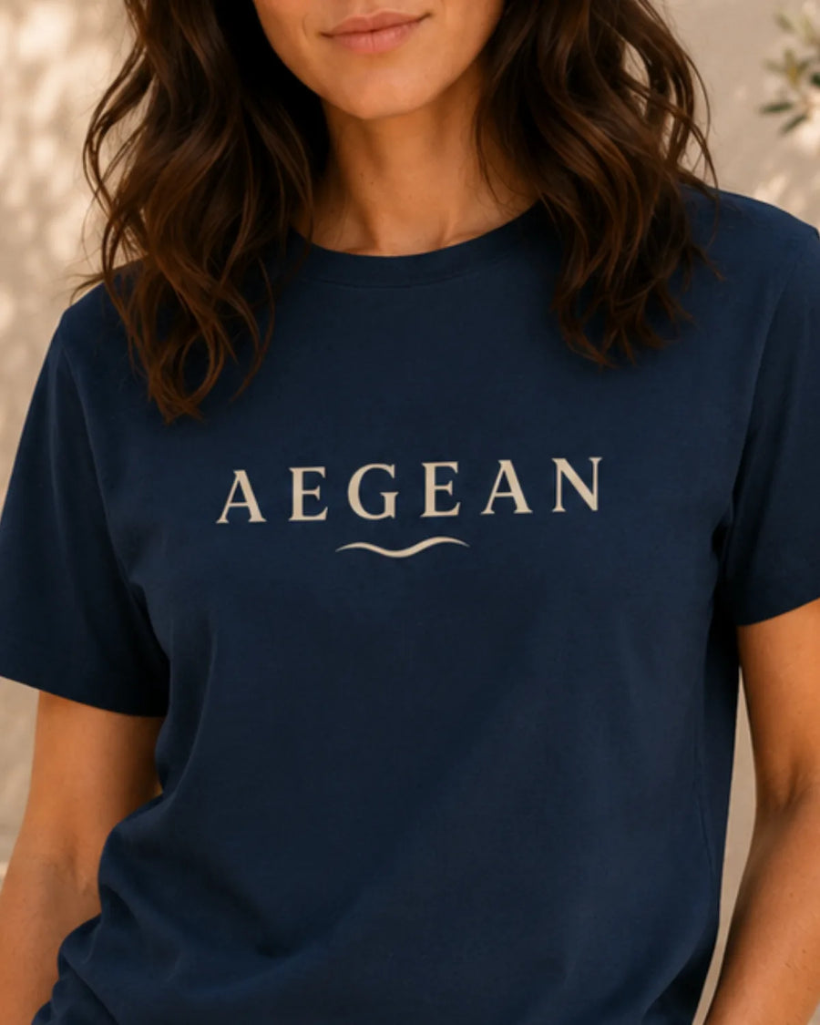 Female model wearing the AEGEAN Essential unisex T-shirt with relaxed styling