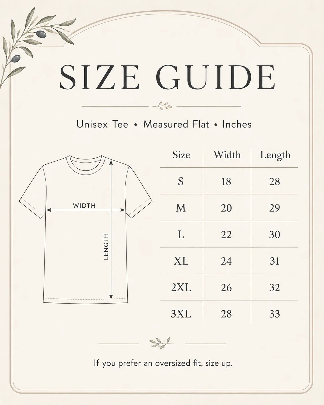 A size guide chart for a unisex short-sleeve tee, showing a simple line drawing of a shirt with width and length arrows alongside a size table from S to 3XL in inches.