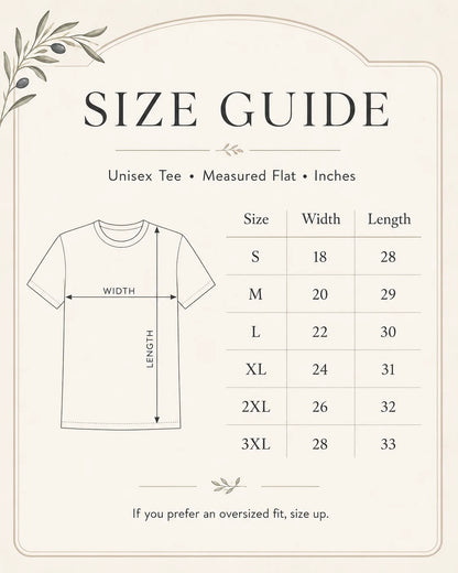 A size guide chart for a unisex short-sleeve tee, showing a simple line drawing of a shirt with width and length arrows alongside a size table from S to 3XL in inches.