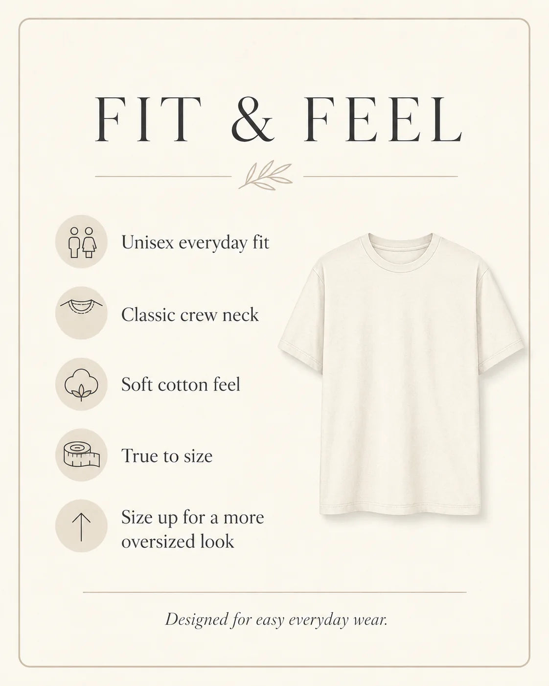 A cream-colored short-sleeve crewneck t-shirt is displayed on a light beige background with a 'FIT & FEEL' feature list on the left detailing its unisex fit, classic neck, soft cotton feel, and true-to-size fit.