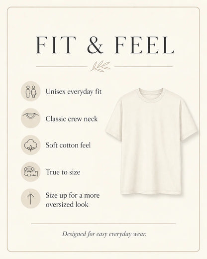 A cream-colored short-sleeve crewneck t-shirt is displayed on a light beige background with a 'FIT & FEEL' feature list on the left detailing its unisex fit, classic neck, soft cotton feel, and true-to-size fit.