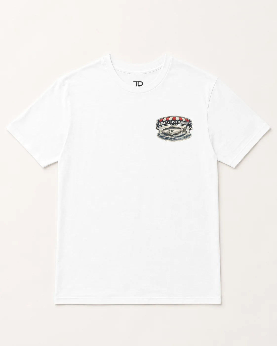 A white short-sleeve crewneck t-shirt with a small graphic on the left chest featuring a fish and the text 'TIDAL FISH'. The inner neck label shows the 'TD' logo.