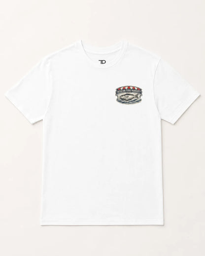 A white short-sleeve crewneck t-shirt with a small graphic on the left chest featuring a fish and the text 'TIDAL FISH'. The inner neck label shows the 'TD' logo.