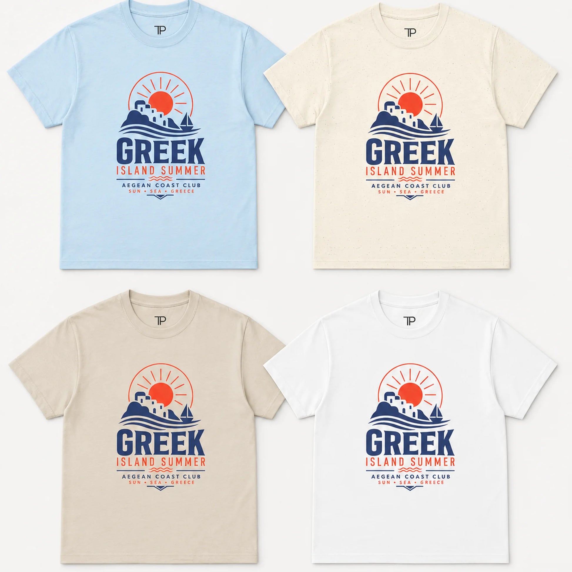 Four t-shirts with a 'Greek Island Summer' design on a white background