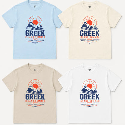 Four t-shirts with a 'Greek Island Summer' design on a white background