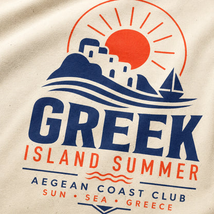 Logo for 'Greek Island Summer' with a sun, sailboat, and Greek architecture on a beige background.