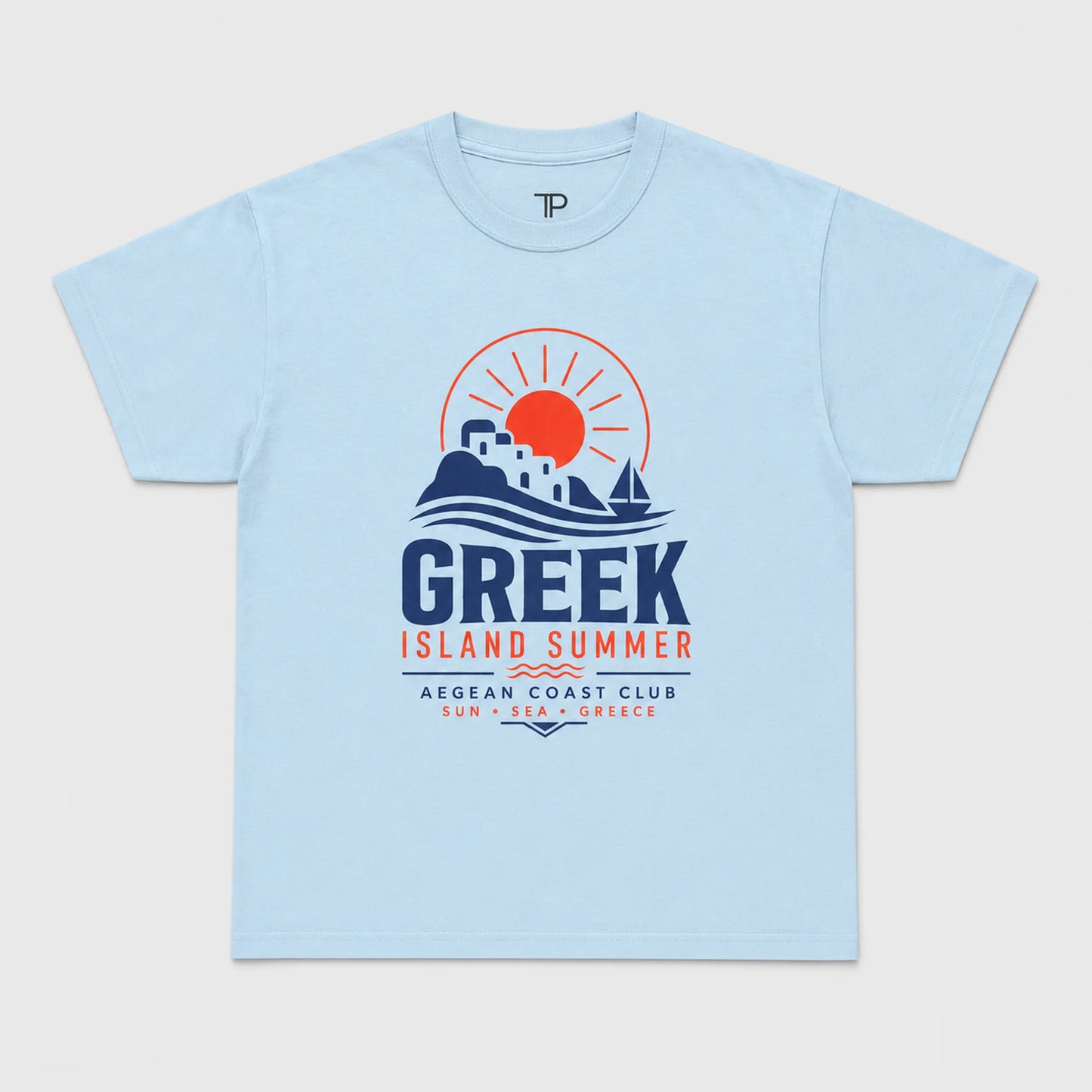 Light blue t-shirt with 'Greek Island Summer' graphic design on a white background