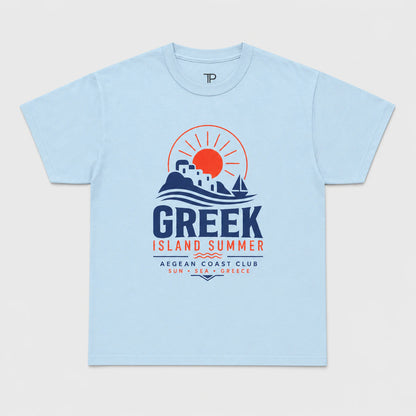 Light blue t-shirt with 'Greek Island Summer' graphic design on a white background