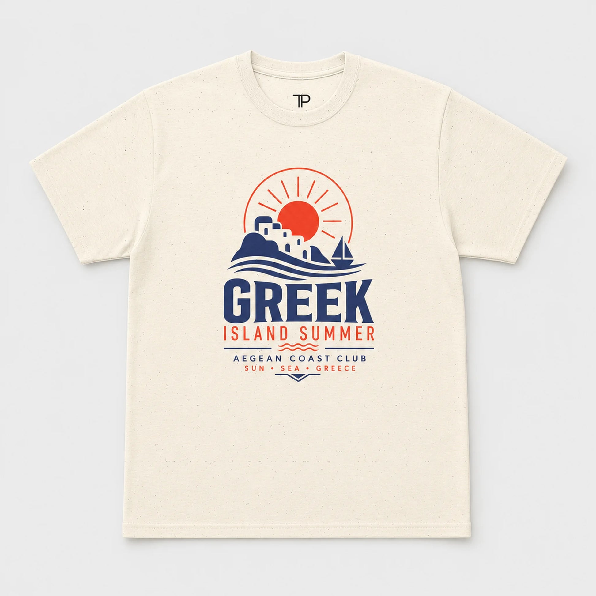 Beige t-shirt with 'Greek Island Summer' graphic design on a light gray background