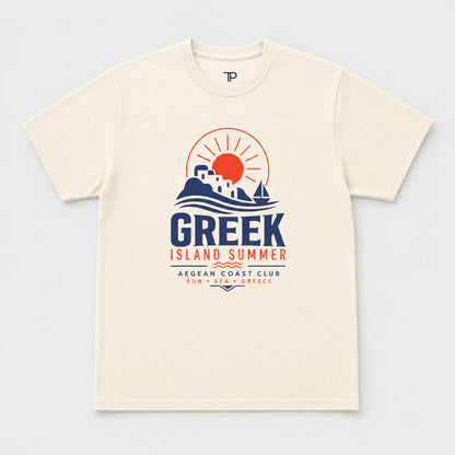 Beige t-shirt with 'Greek Island Summer' graphic design on a light gray background