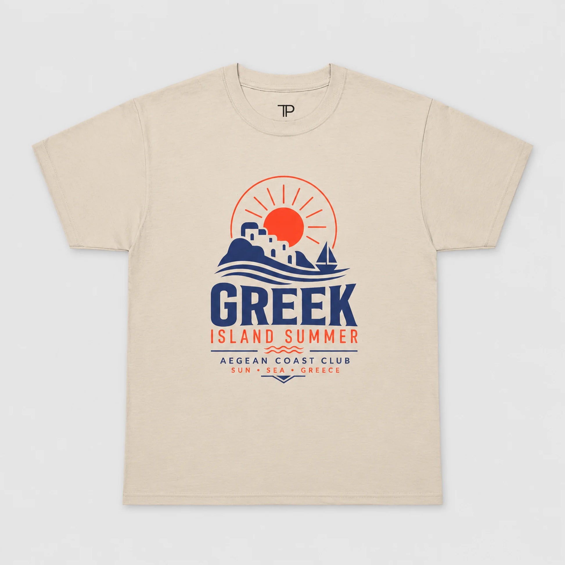 Sand t-shirt with 'Greek Island Summer' graphic design on a white background