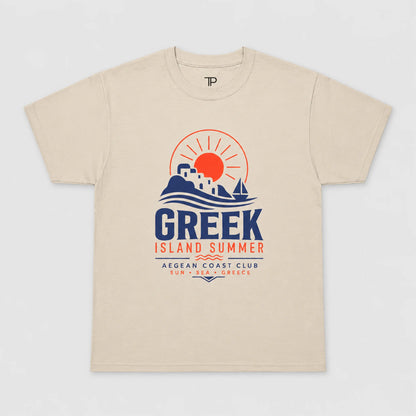 Sand t-shirt with 'Greek Island Summer' graphic design on a white background