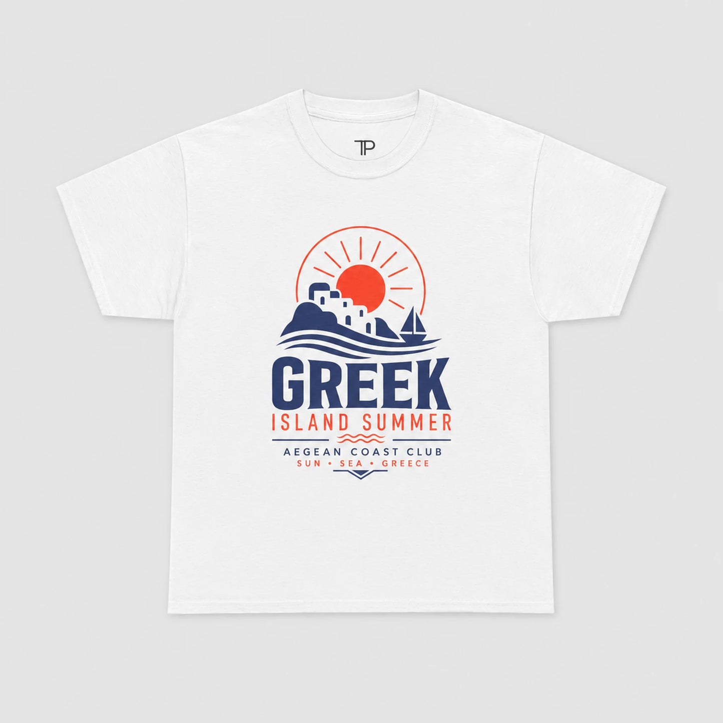 White t-shirt with 'Greek Island Summer' design on a gray background