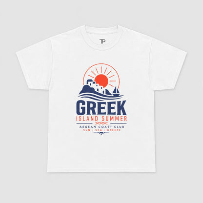 White t-shirt with 'Greek Island Summer' design on a gray background