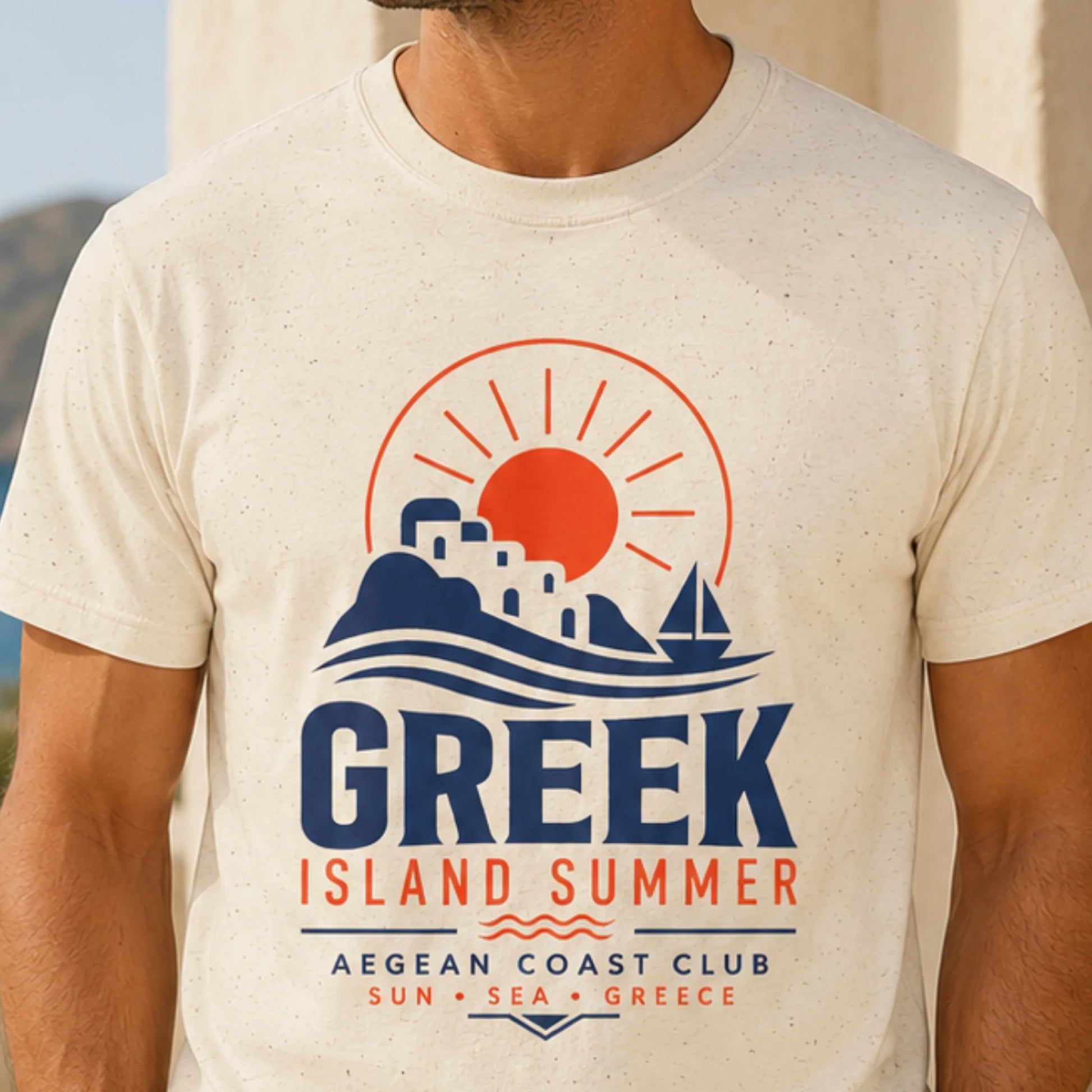 TP HERO: Man wearing a t-shirt with a Greek Island Summer design featuring a sun, mountains, and text.