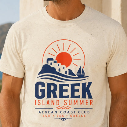 TP HERO: Man wearing a t-shirt with a Greek Island Summer design featuring a sun, mountains, and text.