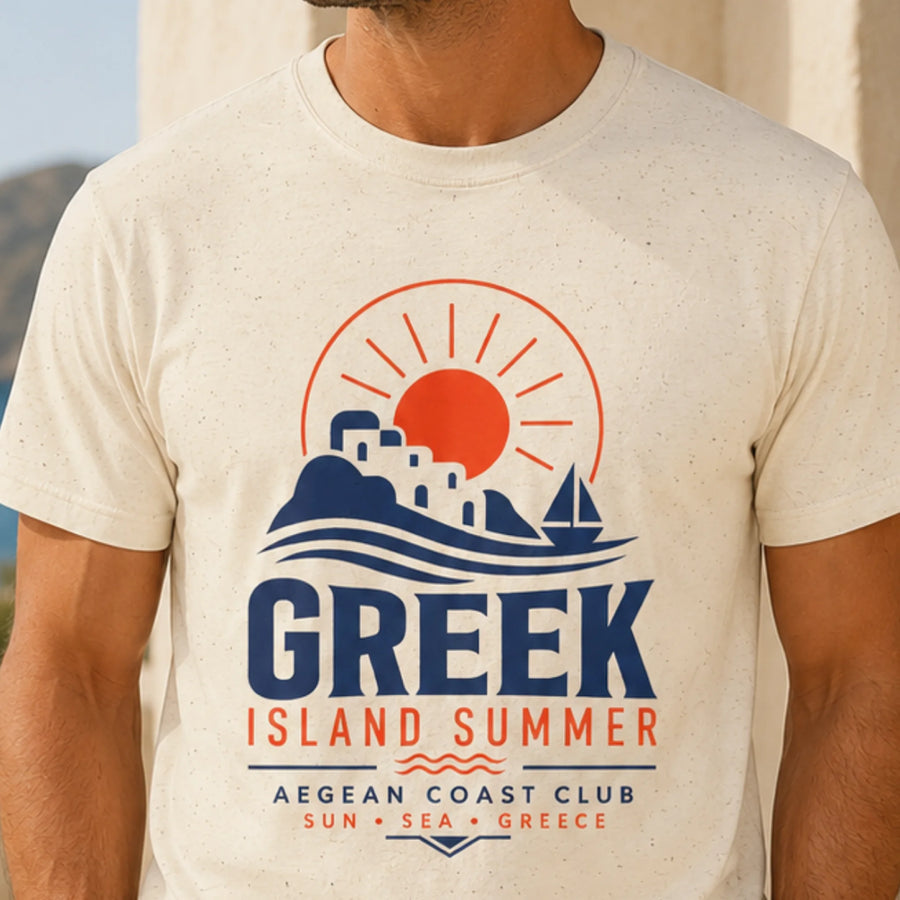 TP HERO: Man wearing a t-shirt with a Greek Island Summer design featuring a sun, mountains, and text.