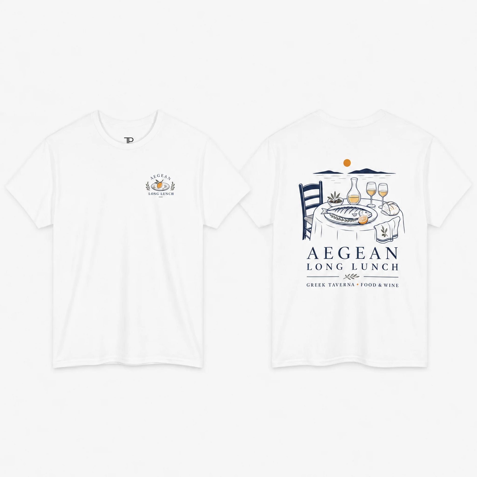 White short-sleeve crewneck t-shirt shown from both front and back. The front features a small chest graphic with a wine glass and the text 'LAPTE' and 'since 2015'.