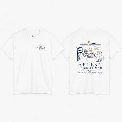 White short-sleeve crewneck t-shirt shown from both front and back. The front features a small chest graphic with a wine glass and the text 'LAPTE' and 'since 2015'.