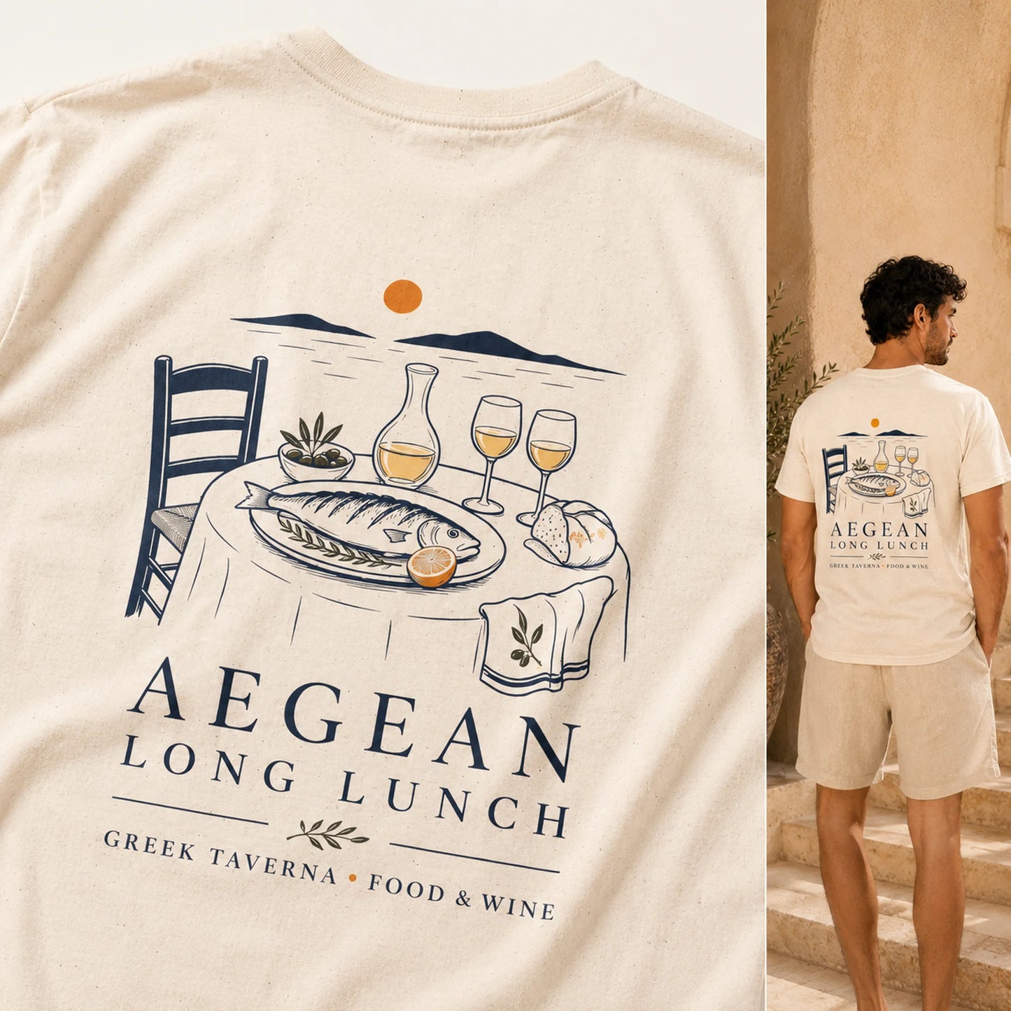 An off-white graphic T-shirt shown in two views: a close-up of the front with a dining table illustration and the text 'AEGEAN LONG LUNCH GREEK TAVERNA • FOOD & WINE,' and a man wearing the shirt from the back in a sunlit outdoor setting. The shirt color is warm off-white, which maps to Beige under the schema's guideline for warm undertones.