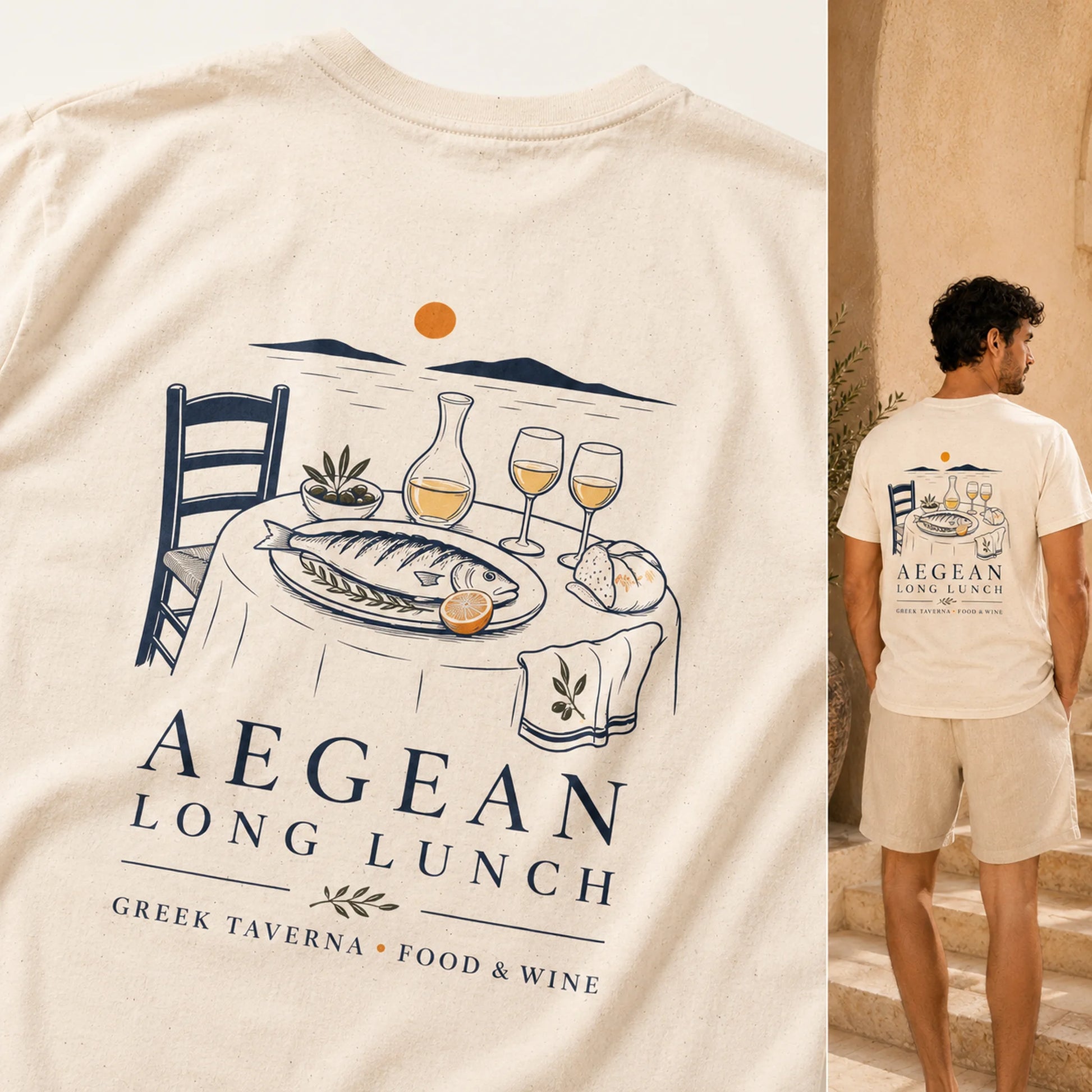 An off-white graphic T-shirt shown in two views: a close-up of the front with a dining table illustration and the text 'AEGEAN LONG LUNCH GREEK TAVERNA • FOOD & WINE,' and a man wearing the shirt from the back in a sunlit outdoor setting. The shirt color is warm off-white, which maps to Beige under the schema's guideline for warm undertones.
