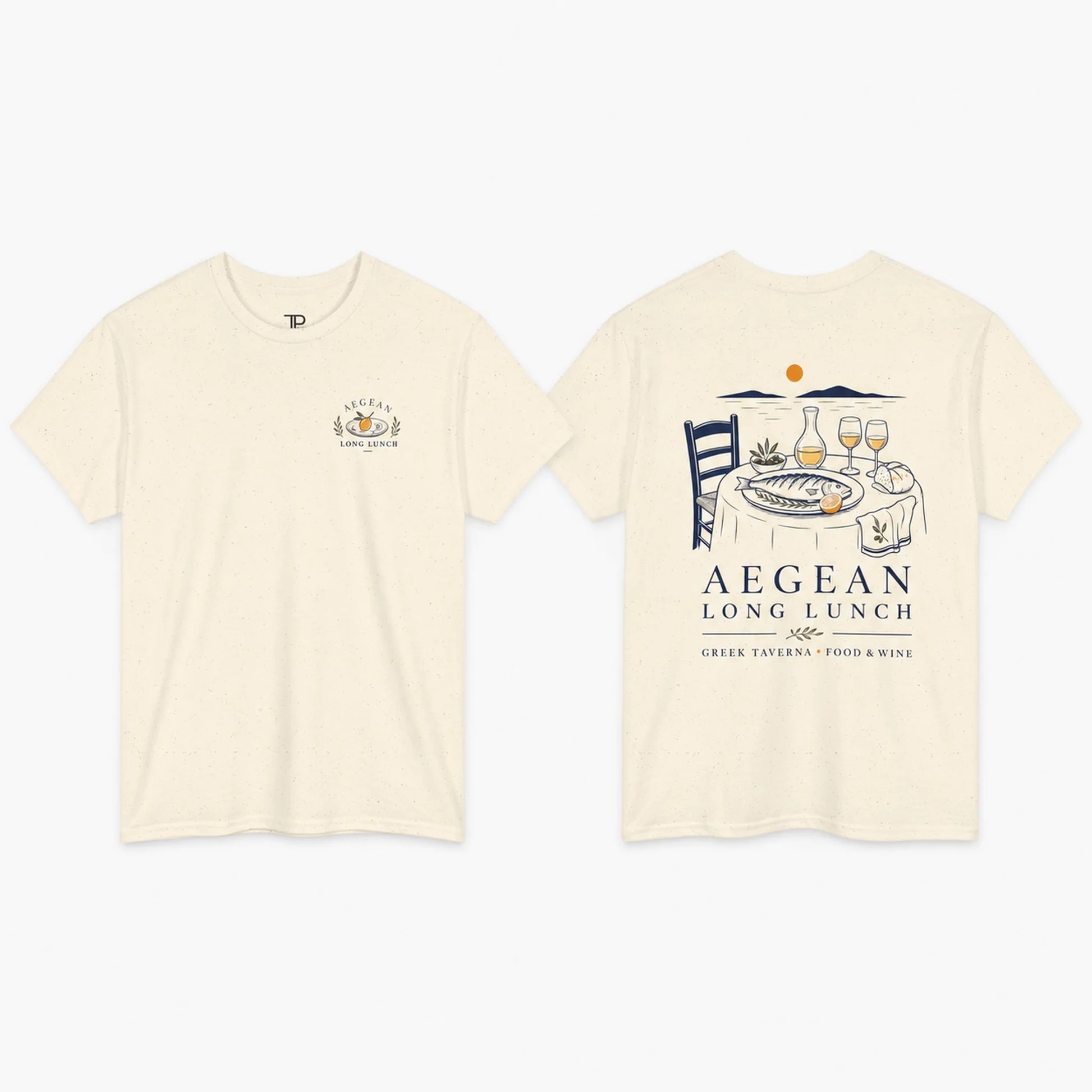 Front and back views of an off-white short-sleeve t-shirt. The front features a small chest graphic with a wine glass and olive branch, while the back displays a large graphic of a table set for two with wine glasses, a plate of food, and the text 'AEGEAN LONG LUNCH'.