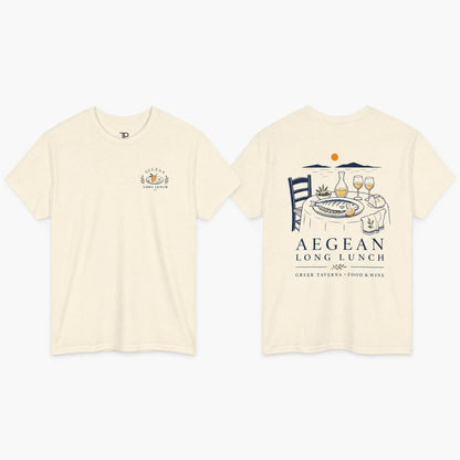 Front and back views of an off-white short-sleeve t-shirt. The front features a small chest graphic with a wine glass and olive branch, while the back displays a large graphic of a table set for two with wine glasses, a plate of food, and the text 'AEGEAN LONG LUNCH'.
