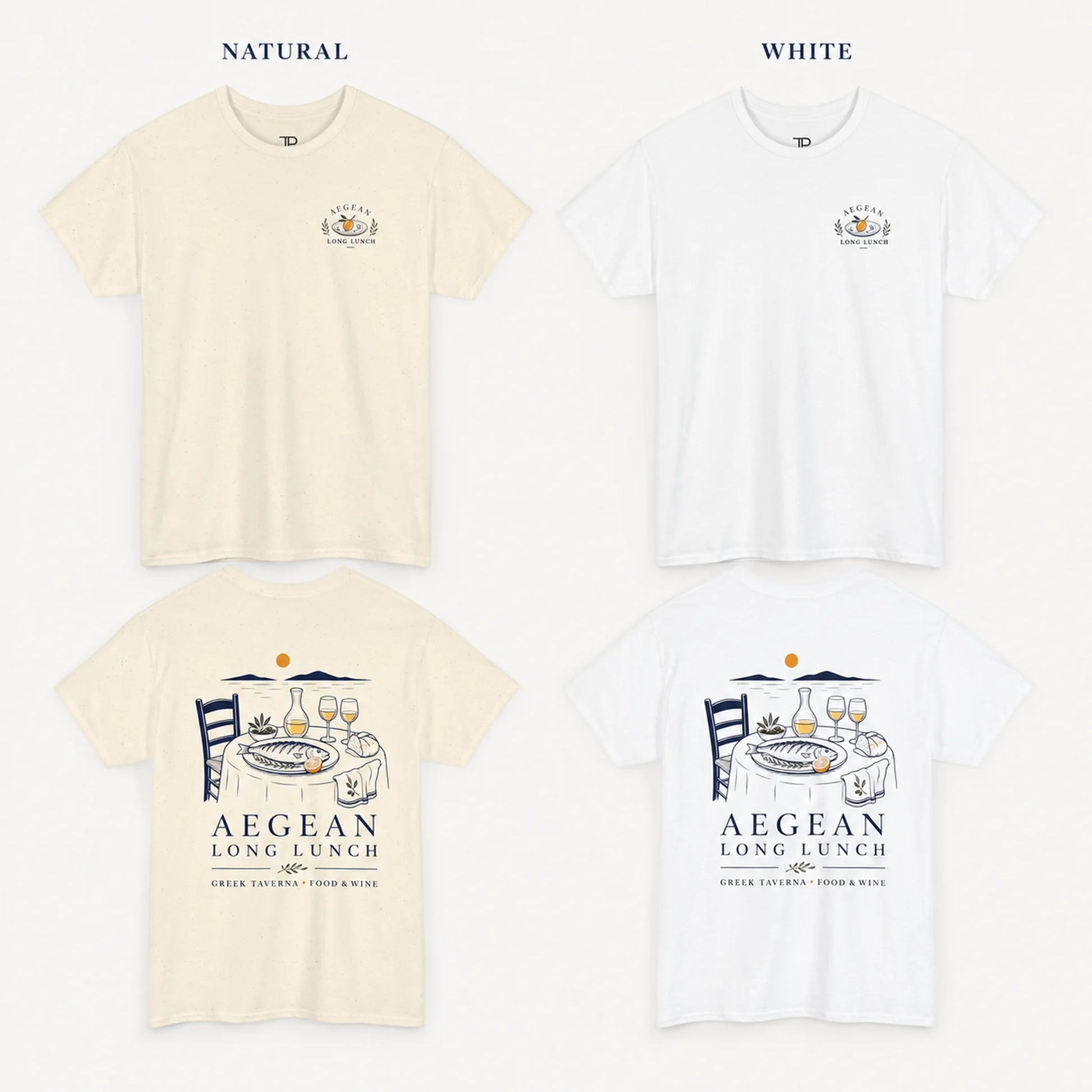 Four short-sleeve graphic T-shirts arranged in a 2x2 grid on a light background, labeled NATURAL and WHITE at the top. Each shirt shows a small chest logo and a larger back graphic reading 'AEGEAN LONG LUNCH' with a coastal dining scene illustration.