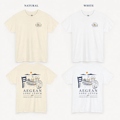 Four short-sleeve graphic T-shirts arranged in a 2x2 grid on a light background, labeled NATURAL and WHITE at the top. Each shirt shows a small chest logo and a larger back graphic reading 'AEGEAN LONG LUNCH' with a coastal dining scene illustration.