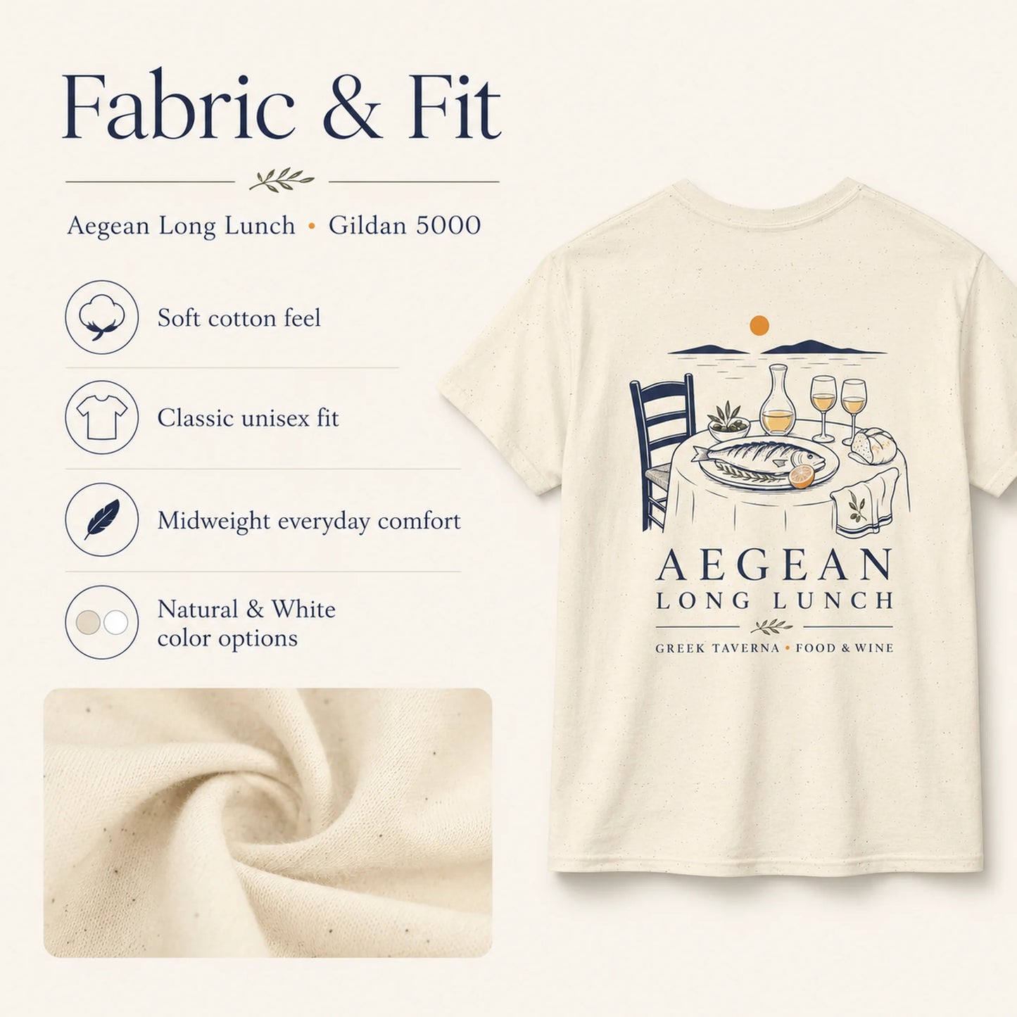 A cream-colored short-sleeve t-shirt with a graphic print of a Greek taverna table, shown next to text describing its fabric and fit. The text highlights a soft cotton feel, classic unisex fit, midweight comfort, and natural color.