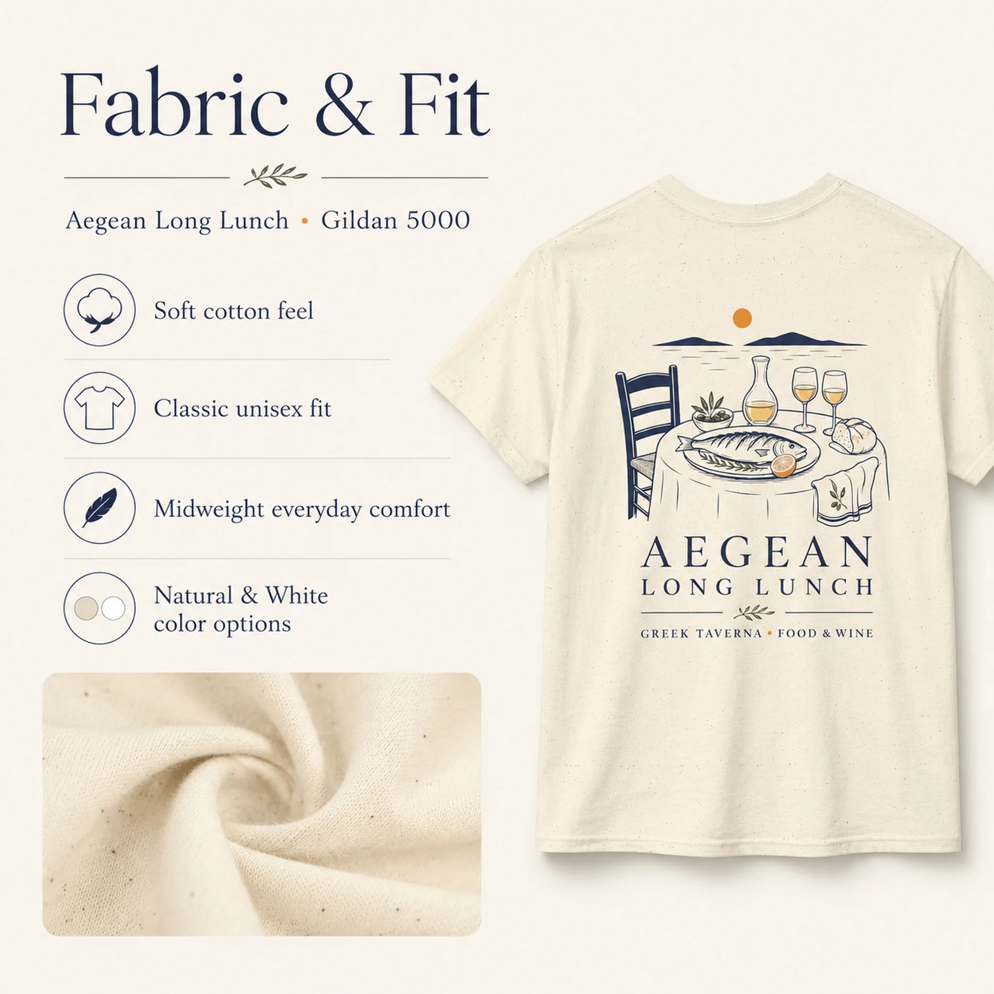 A cream-colored short-sleeve t-shirt with a graphic print of a Greek taverna table, shown next to text describing its fabric and fit. The text highlights a soft cotton feel, classic unisex fit, midweight comfort, and natural color.