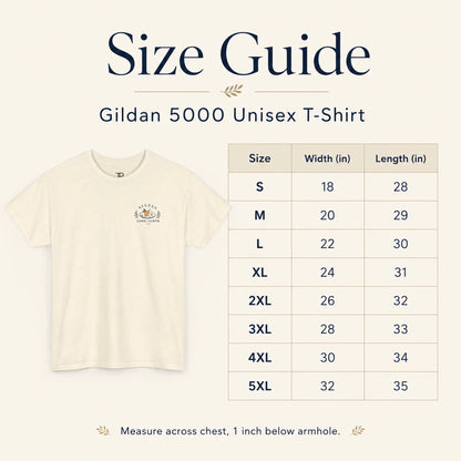 Size guide graphic for the Gildan 5000 unisex T-shirt, showing a small off-white T-shirt on the left and a size chart table on the right with width and length measurements from S to 5XL.