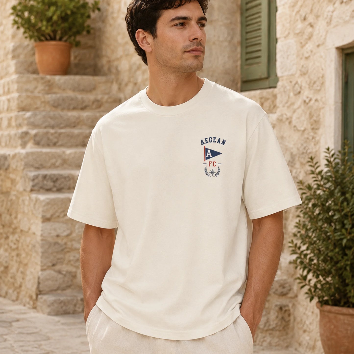 Aegean Football Club T-Shirt in butter with small front chest emblem