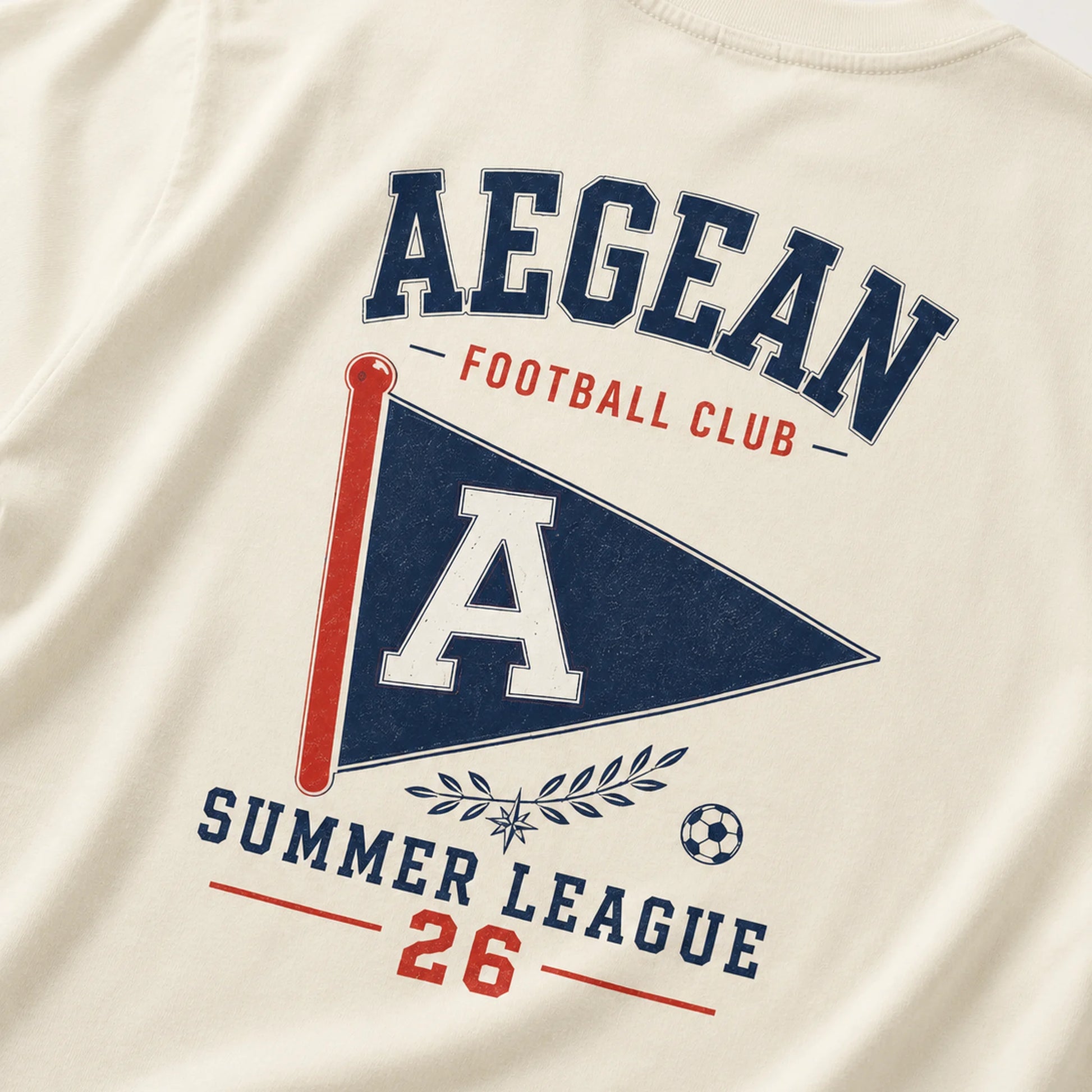 Close-up of Aegean Football Club back print with pennant and Summer League graphic